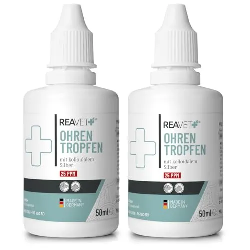 ReaVET Ohrentropfen mit kolloidalem Silber 2 x 50ml - Ohrenpflege für Hunde und Katzen, effektiv gegen Ohrentzündungen und Juckreiz dank hochwertigem kolloidalem Silber und Aloe Vera.