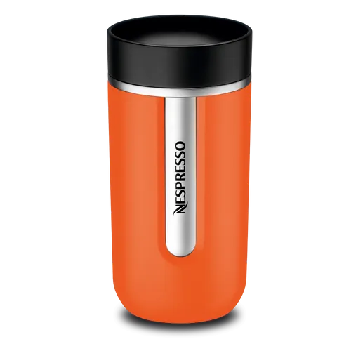 Nespresso Travel Mug Mandarin - Thermobehälter aus 90% recyceltem Edelstahl, perfekt für unterwegs mit doppelten Wänden für Temperaturhaltung und Druckknopf zum sicheren Öffnen ohne Leckagen. Ideal für Kaffee-Liebhaber!