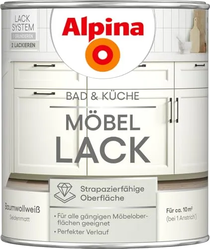 Alpina Bad & Küche Möbel-Lack Baumwollweiß – seidenmatter Lack für Holz & MDF - Möbelfarbe, ideal für Bad- und Küchenmöbel, streichfertig und feuchtraumgeeignet für langanhaltenden Schutz und pflegeleichte Oberflächen.