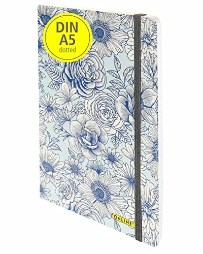 Online Bullet Journal Blue Flowers, 120 g/m² FSC Papier, DIN A5, 144 Innenseiten dotted/gepunket, Notizbuch mit Soft Cover und Gummiband, Tagebuch für Notizen, Skizzen, Lettering