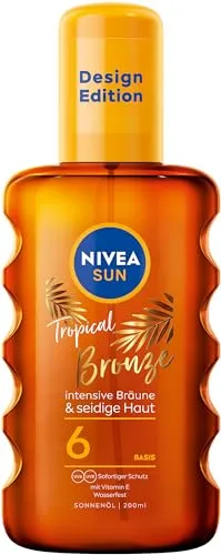 NIVEA SUN Tropical Bronze Ölspray LSF 6, 200 ml - Sonnenschutz für langanhaltende Bräune - Das NIVEA SUN Tropical Bronze Ölspray LSF 6 bietet zuverlässigen Schutz vor UV-Strahlen und sorgt für eine natürliche, langanhaltende Bräune. Mit feuchtigkeitsspendendem Karottenextrakt für ein geschmeidiges Hautgefühl.