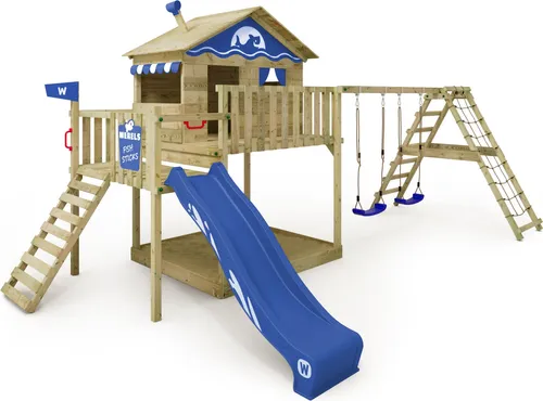 Wickey Spielturm Smart Ocean – Abenteuer-Stelzenhaus mit Rutsche & Kletteranbau - Schaukel und Spielturm aus wetterfestem Holz, mit 10 Jahren Garantie*, ideal für kreative Spielabenteuer im Garten.