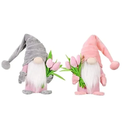 Super Idee Stehende Niedliche Wichtel mit tulpen Blumensträuße Süßer Zwerg Wichtel Figuren Geschenk für Frauen Mama Hochzeitstag Freundin Ehefrau Muttertag Dankeschön Maße 37 x 8 x 6 cm (Rosa+Grau)