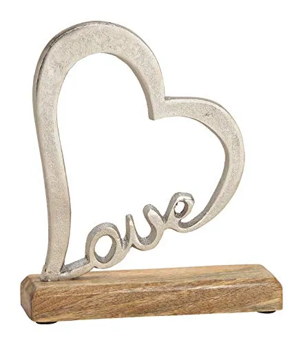 Spetebo Metall Herz in Silber mit Schriftzug Love auf Mango Holzfuß - 20x18x5 cm - Tisch Deko Herz Skulptur