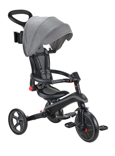 GLOBBER Explorer Trike Foldable 4in1 schwarz-grau - Dreirad, Laufrad und Kinderwagen in einem – mit abnehmbarem UV-Sonnenschutzdach, höhenverstellbarem Sitz und sicherem 5-Punkt-Gurt für Komfort und Sicherheit.
