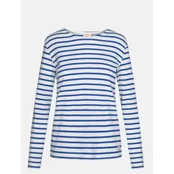 Armor Lux Lesconil Damen Streifenshirt in Weiß-Sternblau - Langärmliges, leicht tailliertes Damen-Shirt aus weichem Interlock-Jersey, ideal für jeden Tag. Mit modischem U-Boot-Ausschnitt und kleinem Anker-Patch. Hergestellt in Frankreich.