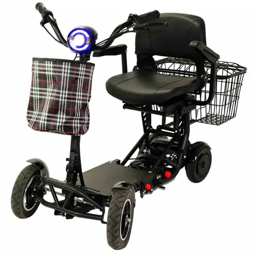Faltbarer Elektro-Roller für Senioren – 4-Rad E-Roller Schwarz - Der faltbare Elektro-Roller für Senioren bietet eine Reichweite von bis zu 40 km und eine Höchstgeschwindigkeit von 6 km/h. Ideal für den Innen- und Außeneinsatz, ausgestattet mit Warnblinkern und LED-Scheinwerfer.
