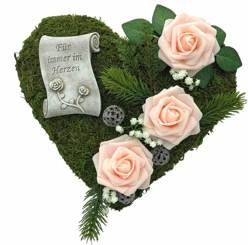 Radami Gartenfigur Grabgesteck "Für immer im Herzen" 30cm mit 3 rosa Rosen - Spielfiguren - Eine liebevolle Erinnerung mit stilvollen Rosen, ideal für Gedenkstätten und Trauerorte.