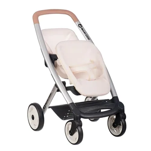 Smoby Zwillings-Puppenwagen "Maxi Cosi" in Beige - Stylischer Zwillings-Puppenwagen mit herausnehmbaren Sitzen für Puppen bis 42 cm. Ideal für kreative Rollenspiele und fördert die Fantasie. Empfohlen für Kinder ab 3 Jahren.