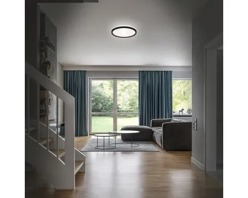 Moderne LED Bad-Deckenleuchte, schwarz, 18W - Lampen: Diese flache LED Bad-Deckenleuchte mit spritzwassergeschütztem Design bietet indirekten Lichteffekt und hohe Helligkeit von 2400 Lumen, ideal für Bad, Küche oder Büro.