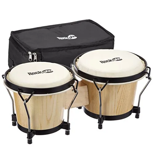 Rockjam RJ-100300 Bongo-Set 7" & 8" mit Beutel - Bongos mit Kuhhautköpfen (7" & 8"), inklusive gepolstertem Beutel und Stimmschlüssel für optimalen Klang und Transport.