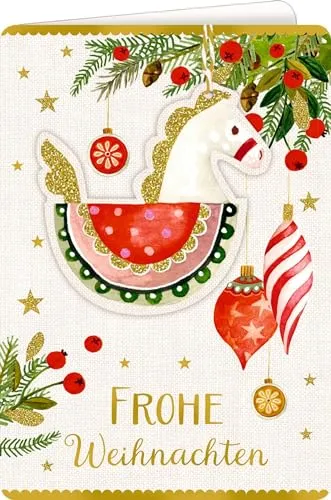 Weihnachtskarte mit Anhänger: Schaukelpferd - Festliche Weihnachten: Doppelgrußkarte mit Glitter und Goldfolie