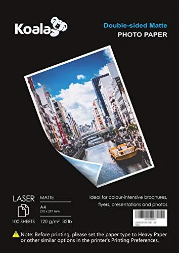 KOALA Fotopapier für Laserdrucker, Doppelseitig, Matt, A4, 120 g/m², 100 Blatt. Geeignet zum Drucken von Fotos, Zertifikaten, Broschüren, Flyern, Faltblättern, Grußkarten, Kalendern, Kunst