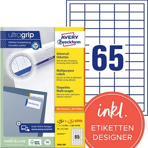 Zweckform 3666-200 Avery Etiketten 38x21.2mm - 14300 Stück - Etiketten für perfekten Druckereinzug dank innovativer Ultragrip-Technologie. Ideal für Inkjet- und Laserdrucker, mit starker Klebkraft und umweltfreundlicher Produktion.