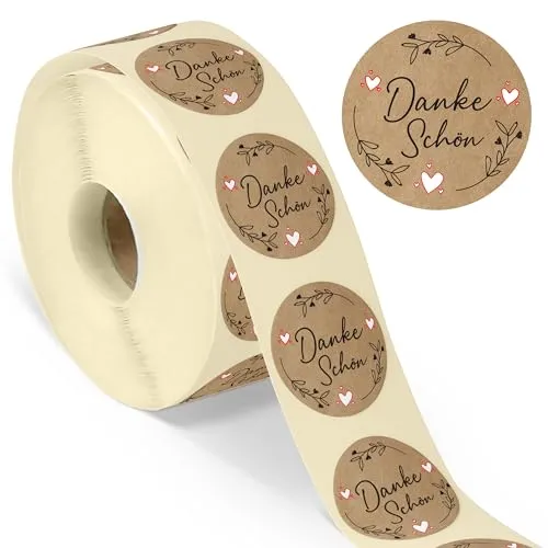 colortouch Dankeschön Aufkleber - 500 St Danke Etiketten - 35 mm Rund Rolle - Vielen Dank Sticker in Kraftpapier Optik für Weihnachtsdeko Papiertüten Hochzeit Geburtstag Verpackung - Weihnachtssticker