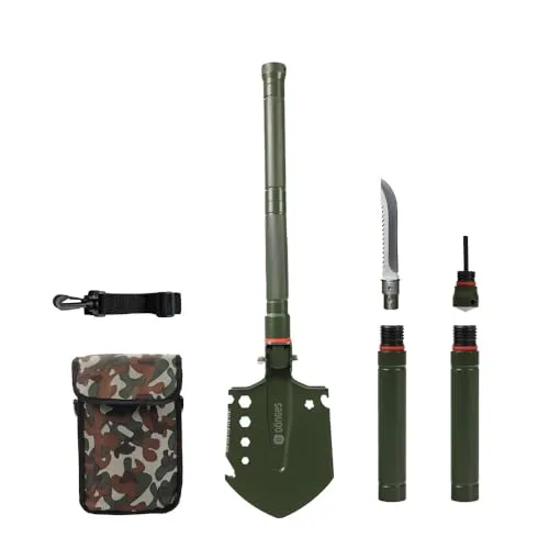 Dönges Multifunktionaler Klappspaten inkl. 3 Längen | Kombi Schaufel aus rostfreien Edelstahl | olivgrüne Klappschaufel für Survival, Wandern, Camping | Survival Ausrüstung mit camouflage Tragetasche