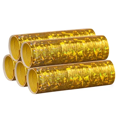 PartyMarty Gold Metallic Luftschlangen im 5er Sparpack - 5 Rollen mit je 18 holografisch-glitzernden Luftschlangen - Geburtstag, Hochzeits-Tisch Dekoration Abitur 2023 Abschlussfeier