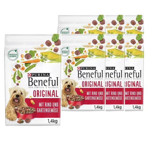 Beneful Original Hundefutter mit Rind und Gartengemüse - Trockenfutter für ausgewachsene Hunde, reich an wertvollen Ballaststoffen und Omega 3 & 6 Fettsäuren für gesunde Haut und glänzendes Fell. Praktischer 6er Pack (6 x 1,4kg) für nachhaltige Ernährung.