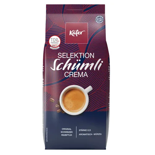 Käfer Selektion Schümli Crema Kaffeebohnen 1,0 kg - Hochwertige Kaffeebohnen aus Arabica- und Robustabohnen, ideal für vollmundigen Genuss und perfekten Schümli-Crema. Perfekt für Kaffeeliebhaber!