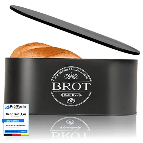 IDEALTASTIC® Premium 2-in-1 Brotkasten schwarz mit Schneidebrett-Deckel - Halten Sie Ihr Brot länger frisch! Diese elegante Brotbox mit innovativer Luftzirkulation und einem praktischen Deckel als Schneidebrett ist ideal für jede Küche. Robuste Qualität und modernes Design vereinen Funktionalität und Stil.