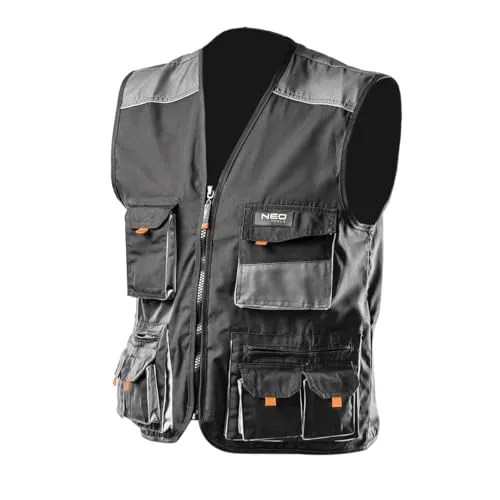 NEO TOOLS Arbeitsweste aus Oxford-Gewebe, Größen S-XXL | Grau/Schwarz - Robuste Arbeitsweste mit reflektierenden Elementen und stabilen Taschen. Ideal für Profis, die Wert auf Strapazierfähigkeit und Sichtbarkeit legen. Smartphonetasche für sichere Aufbewahrung.
