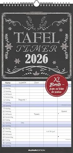 Tafel Timer Familienplaner 2026 - Familienkalender 22x45 cm - 4 Spalten - Kalender mit Ferienterminen und vielen Zusatzinformationen - Wandkalender