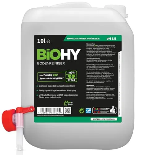 BiOHY Bodenreiniger (10 Liter Kanister) + Auslaufhahn - Effektiver Bodenreiniger für alle Hartböden, schnelltrocknend und schaumarm. Ideal für Laminat, PVC und Stein – für eine streifenfreie und mühelose Reinigung. Nachhaltig und umweltbewusst!