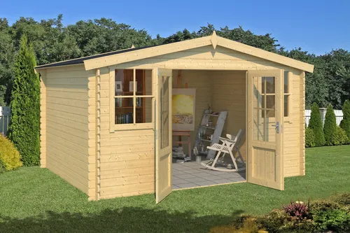 Gartenhaus Blockhaus Satteldach 28 mm Dallas 396x312 cm - Gartenhäuser, Geräteschuppen & Carports – Robustes Blockhaus mit 10,61 m² Nutzfläche und abschließbarer Doppeltür für sicheren Stauraum im Garten.