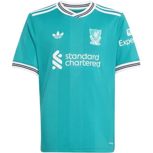 Adidas Liverpool FC Ausweichtrikot 2025/26 Kinder - grün - Liverpool FC Fanartikel, feuchtigkeitsregulierendes AEROREADY für optimalen Tragekomfort und modernes Design mit historischem Vereinslogo.