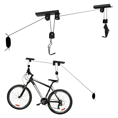 Wiltec Fahrradlift Deckenhalter 20kg - Platzsparende Fahrradaufbewahrung - Fahrradträger für alle Radgrößen bis 20 kg, mit gummierten Haltehaken für schonende Aufhängung und einfacher Montage, ideal für Garage, Keller oder Fahrradgeschäft.