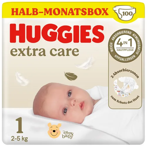 Huggies Extra Care Premium Windeln Newborn Größe 1, 100 Stück - Weiche und atmungsaktive Babywindeln für Neugeborene, ausgestattet mit einem Nässeindikator und hohem Auslaufschutz. Ideal für die empfindliche Haut Ihres Babys – für müheloses Wickeln im Alltag.