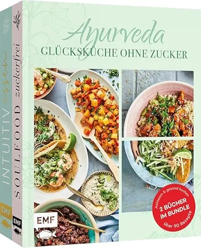 Ayurveda – Glücksküche ohne Zucker: Achtsam und gesund kochen: 2 Bücher im Bundle – Über 90 Rezepte: Asia-Bowl mit Rinderfilet & Pak Choi, Falafel-Sandwich , Süßkartoffel-Brownies und mehr