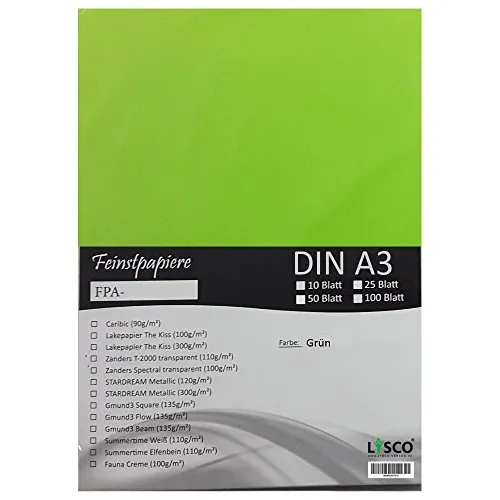 GMUND Transparentpapier DIN A3 Farbe Giftgrün / Grün / LYSCO® Feinstpapierset mit 100 Blatt Inhalt (FPA-123) - bedruckbar, sehr gute Qualität, für Einladungen, als Einlegeblätter für Alben, Fotoalben, Fensterbilder, Bastelarbeiten uvm.