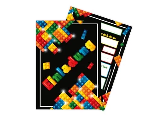 Limonia 12 Einladungskarten zum Kindergeburtstag Einladung Geburtstag Jungen Mädchen Unisex Bausteine Bauklötze bunt schwarz