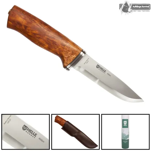 Helle Jagd- Outdoormesser Alden - Rostfreies Sandvik 12C27 Edelstahl, Birkenholz-Griff und elegante Lederscheide