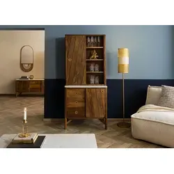 Massivmoebel24 Buffet #04 - Nachhaltige Mango-Holz Sitzbank - Sitzbänke aus massivem Mango-Holz, 3 Schubladen und 2 Türen, montiert geliefert und ein Unikat, das durch individuelle Maserungen besticht.