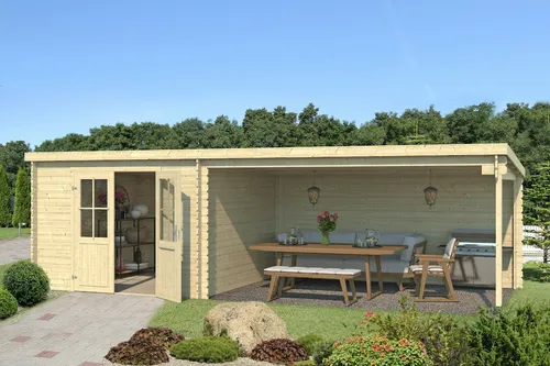 Gartenhaus Blockhaus Anbau Freisitz ST. LOUIS 28 mm - Modernes Gartenhaus aus naturbelassenem Holz mit Doppeltür und Pultdach, ideal für entspannte Stunden im Freien. Einfache Montage und abschließbar.