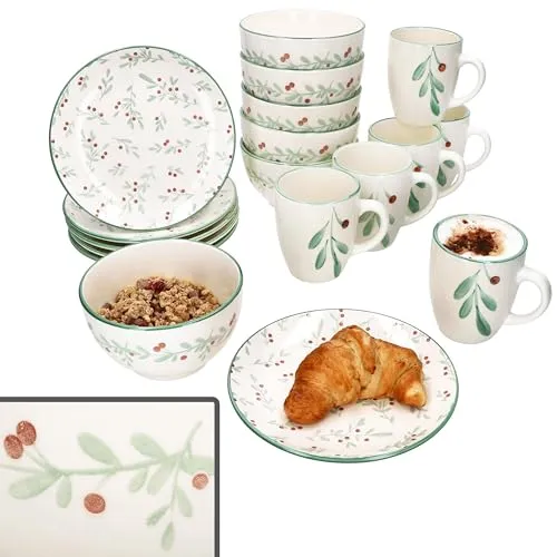 MamboCat Tafelservice 18tlg Frühstücksset Holly Steingut 6 Personen Teller Schale Becher, Steingut, Weihnachtsgeschirr, Weihnachten, Weihnachtsset, Geschirr