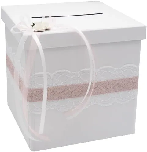 ZauberDeko Geschenkbox Briefbox Vintage Hochzeit Rosa Weiß Spitze - Elegante Aufbewahrungsbox für Geldgeschenke, dekoriert mit Spitzen- und Organzabändern, ideal für Hochzeiten. Maße: ca. 20 cm x 20 cm x 20 cm.