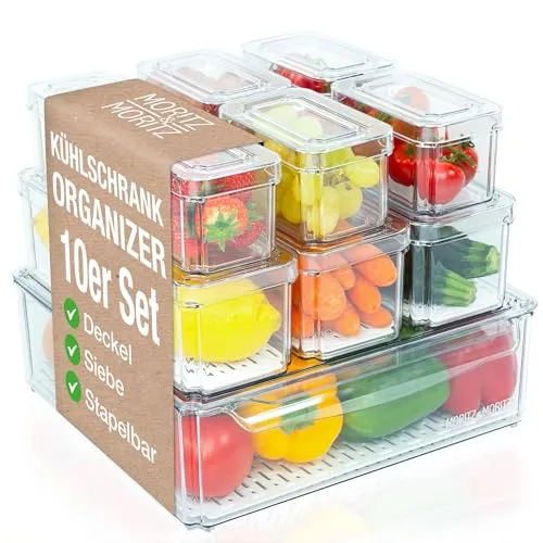 Moritz & Moritz Kühlschrank Organizer Set 10er Pack mit Deckel - Stapelbare Boxen für optimale Ordnung - Maximiere den Stauraum in deinem Kühlschrank mit dem Moritz & Moritz 10er Pack Organizer. Stapelbare, transparente Boxen sorgen für Übersicht und Frische – ideal für Obst, Gemüse und mehr!