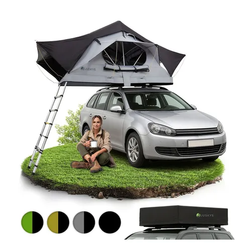 Juskys Autodachzelt Lago 120 x 210 cm - Flexibles Camping mit LED-Beleuchtung - Zelt für komfortables Camping auf dem Fahrzeugdach, inkl. LED-Beleuchtung und Leiter – perfekt für Abenteuerlustige und Reisende.