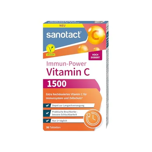 sanotact® Vitamin C 1500 – Hochdosierte vegane Tabletten - Hochdosierte Vitamin C Tabletten mit Depot-Wirkung für eine langanhaltende Versorgung. Ideal zur Unterstützung der Abwehrkräfte. Vegan, glutenfrei und laktosefrei – Qualität aus Deutschland.