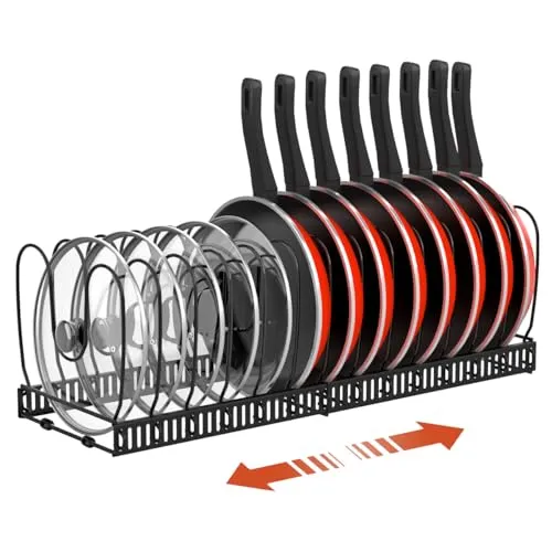 Housolution Pfannenhalter für Schublade, erweiterbar - Hängeleisten & -regale für Töpfe, aus robustem Metall und mit 14 verstellbaren Trennwänden für optimale Ordnung in der Küche.