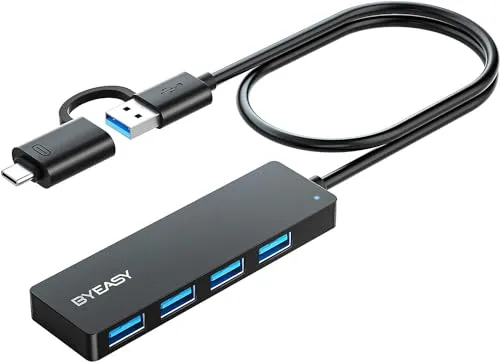 BYEASY USB HUB mit USB-C Stecker, USB C+A zu USB 3.0, Ultra Slim Multiport 4 Ports USB 3.0 Adapter für iPhone 15/16 Serie,MacBook/iPad Pro,iMac,Surface Pro,PC,Laptop,Tablets,Tastatur,Maus.-60cm