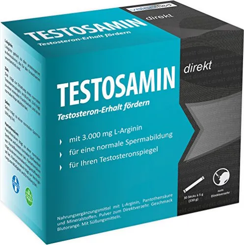 TESTOSAMIN direkt (30 Sticks) - 3.000 mg L-Arginin für optimalen Testosteronspiegel - Aminosäure L-Arginin zur Unterstützung des Testosteronspiegels und für normale Spermabildung. Praktische Einzelsticks für die direkte Einnahme, perfekt für unterwegs!