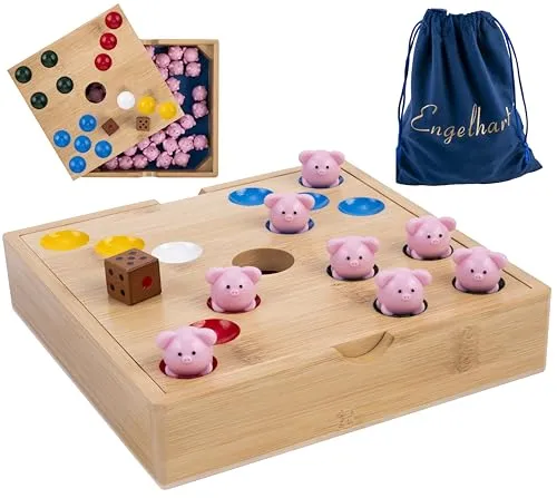 Engelhart Ferkelrennen Würfelspiel – Spaß für die ganze Familie mit 60 Silikon Schweinchen - Lustiges Würfelspiel für Kinder und Erwachsene! Das Ferkelrennen sorgt für spannende Spieleabende. Enthält 60 Silikon Schweinchen und 2 Würfel in einer stabilen Bambus Box. Ideal für Partys und Familienrunden!