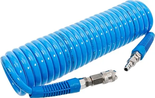 BGS 66541 Druckluft-Spiralschlauch 6 m - Flexibler Druckluft-Spiralschlauch aus strapazierfähigem Polyurethan, ideal für den professionellen Einsatz. Mit Knickschutz und drehbaren Kupplungsadaptern für optimale Handhabung.