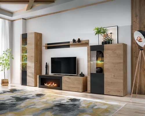 ASM-Möbel Wohnwand ARON-K mit Bio-Ethanol Kamin und LED-Beleuchtung - Moderne Wohnwand mit Rillenfront, inklusive Bio-Ethanol Kamin und energieeffizienter LED-Beleuchtung. Praktische Stauraumlösungen und einfache Montage machen sie zur idealen Wahl für Ihr Wohnzimmer.
