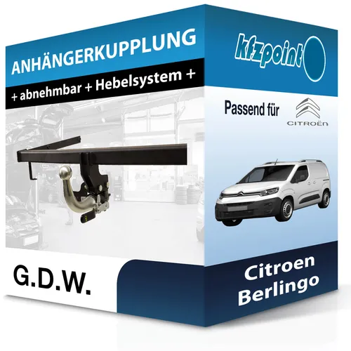 G.D.W. Abnehmbare Anhängerkupplung für Citroen Berlingo - Hochwertige abnehmbare Anhängerkupplung von G.D.W. für Citroen Berlingo (04.2008-10.2011), 1500 kg Anhängelast, keine Eintragung in Fahrzeugpapiere notwendig.