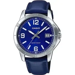 Casio MTP-V004L-2B Analog Herren Armbanduhr - Herren Armbanduhr mit analoger Anzeige, blauem Lederarmband und wasserdichtem Edelstahlgehäuse – ideal für jeden Anlass.
